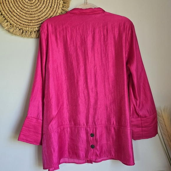 Ali Miles, Pink Woven Shimmer Stand Collar Button Front Pocket Tunic SZ Large - Picture 9 of 13